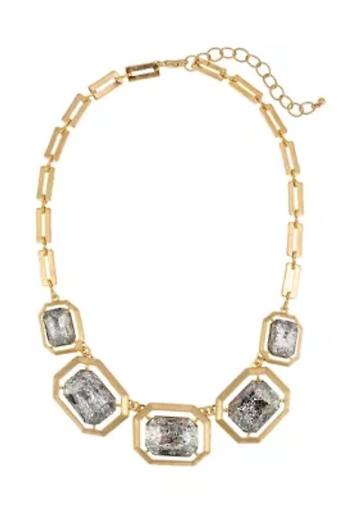 Gold Tone 5 Part Graduated Rectangle Hematite Framed Stone Frontal Necklace