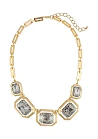 Gold Tone 5 Part Graduated Rectangle Hematite Framed Stone Frontal Necklace