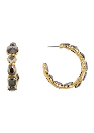 Gold Tone Hematite Stone Post Hoop Earrings