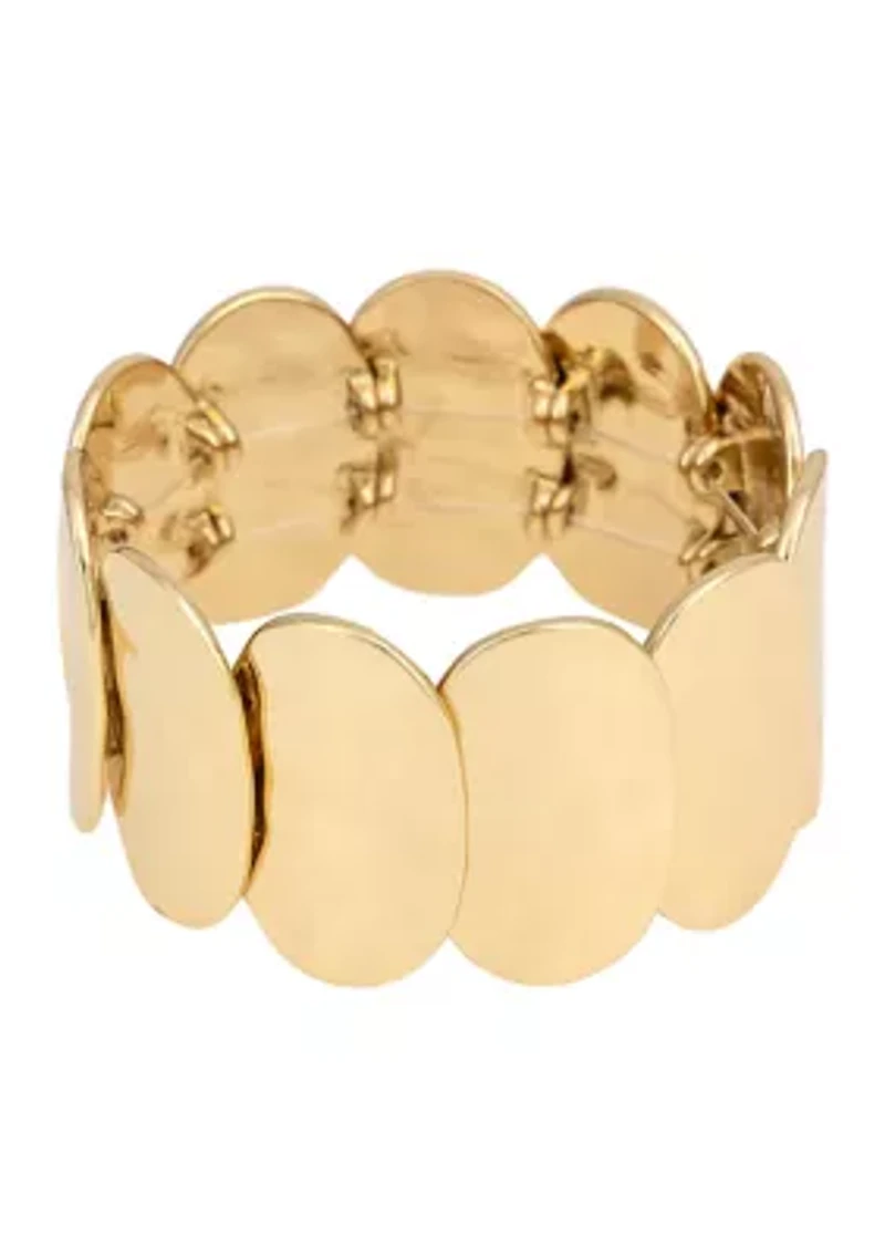 Gold Tone Hammered Oval Disc Stretch Bracelet