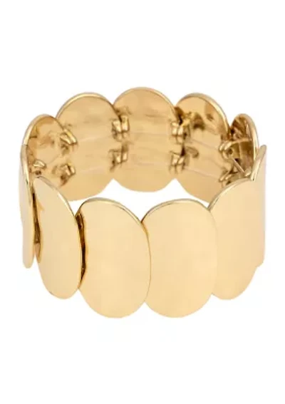 Gold Tone Hammered Oval Disc Stretch Bracelet