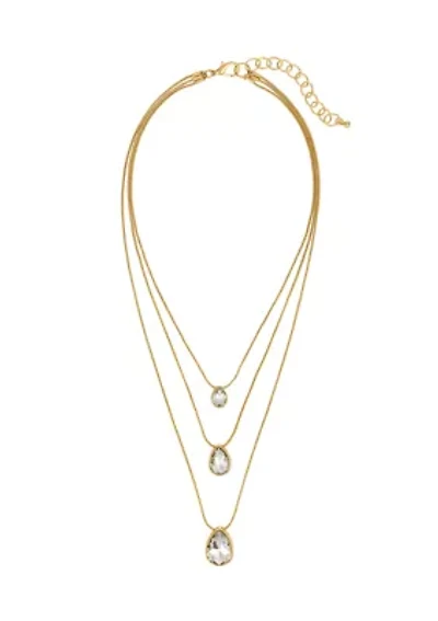 Gold Tone 3 Row Layered with Pink Multi Teardrop Stone Drops Necklace