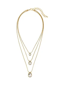 Gold Tone 3 Row Layered with Pink Multi Teardrop Stone Drops Necklace