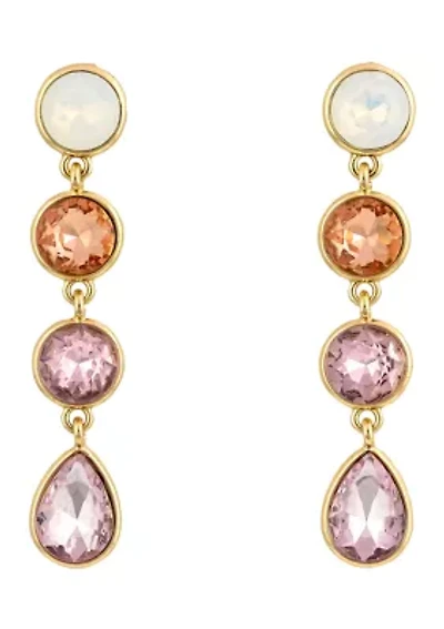 Gold Tone Stone Post with Linked 3 Pink Multi Stone Linear Drop Earrings
