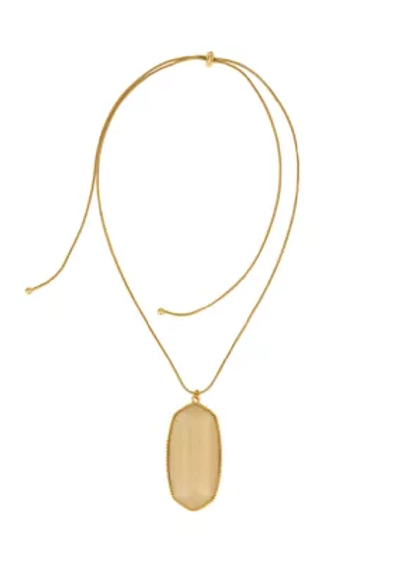 Gold Tone Long Adjustable Large Hexagon Shaped Ivory Stone Pendant Necklace