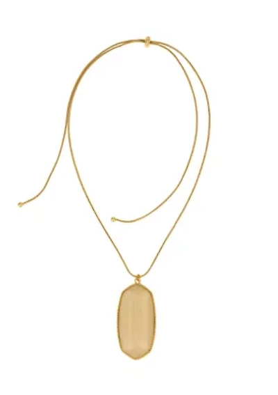 Gold Tone Long Adjustable Large Hexagon Shaped Ivory Stone Pendant Necklace