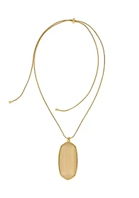 Gold Tone Long Adjustable Large Hexagon Shaped Ivory Stone Pendant Necklace
