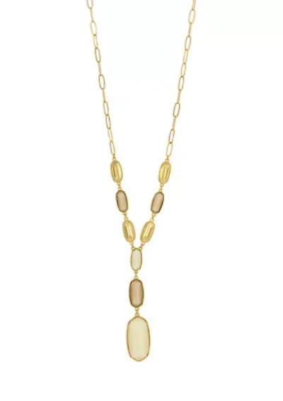 Gold Tone Multi Ivory Hexagon Stone Y Necklace