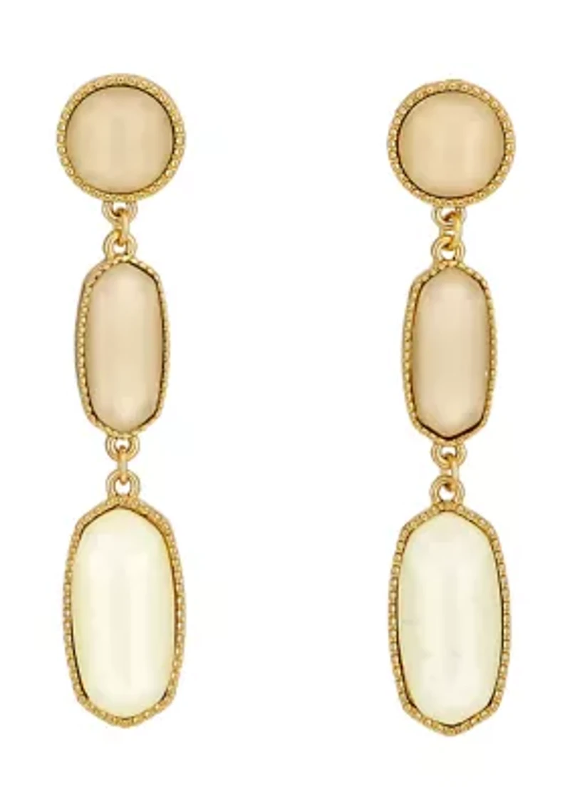 Gold Tone Ivory Graduated Double Hexagon Stone Drop Earrings