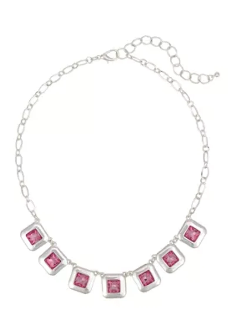 Silver-Tone Rose Square Stones Frontal Necklace
