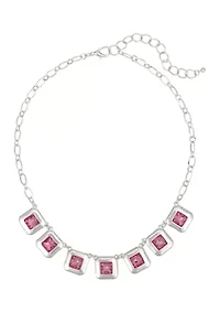 Silver-Tone Rose Square Stones Frontal Necklace
