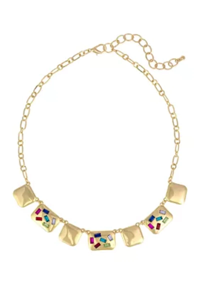 Gold Tone Square and Rectangle Disc Frontal Necklace