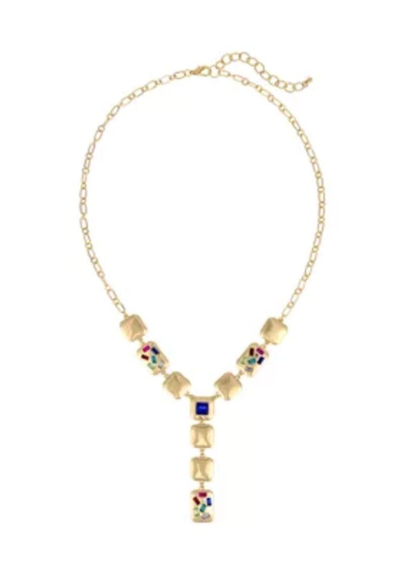 Gold Tone Linked Square Bead Y Necklace