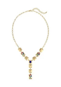 Gold Tone Linked Square Bead  Y Necklace