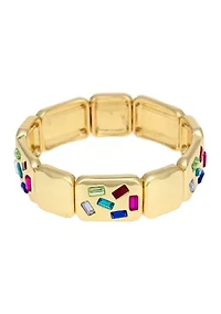 Gold Tone Rectangular Bead Scattered Multi Stone Stretch Bracelet