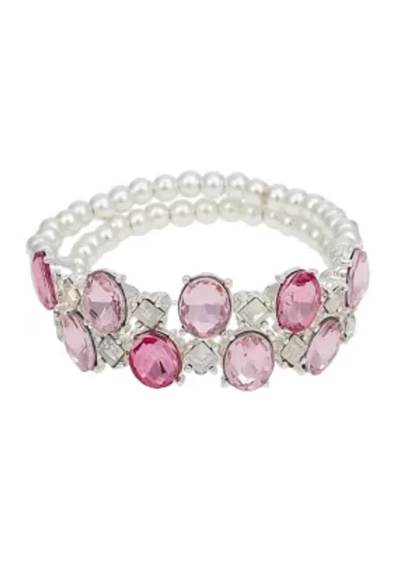 Silver-Tone 2 Row Silver Bead Pink Stone Stretch Bracelet