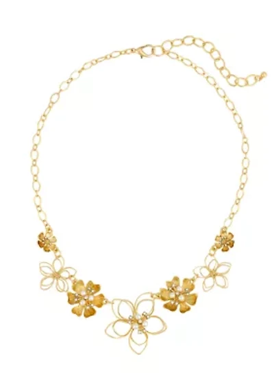 Gold-Tone Open and Casted Flower Frontal Necklace