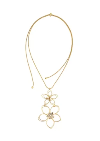 Gold-Tone Double Open Flower Pendant Adjustable Necklace