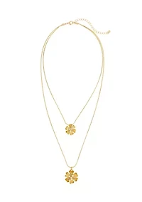 Gold-Tone Layered 2 Row Flower Pendant Drops Necklace