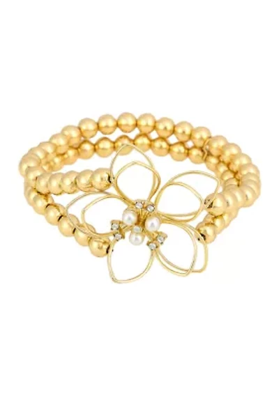 Gold-Tone 2 Row Beaded Open Flower Stretch Bracelet