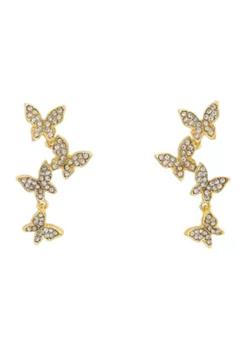 Gold Tone Crystal Butterfly Linear Post Drop Earrings