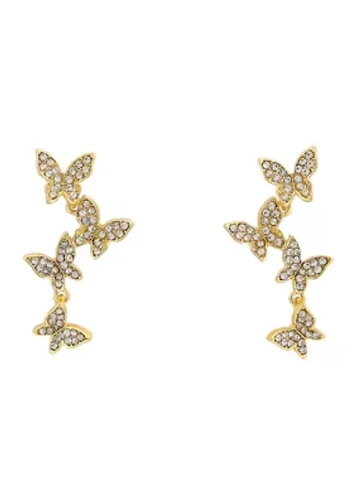 Gold Tone Crystal Butterfly Linear Post Drop Earrings