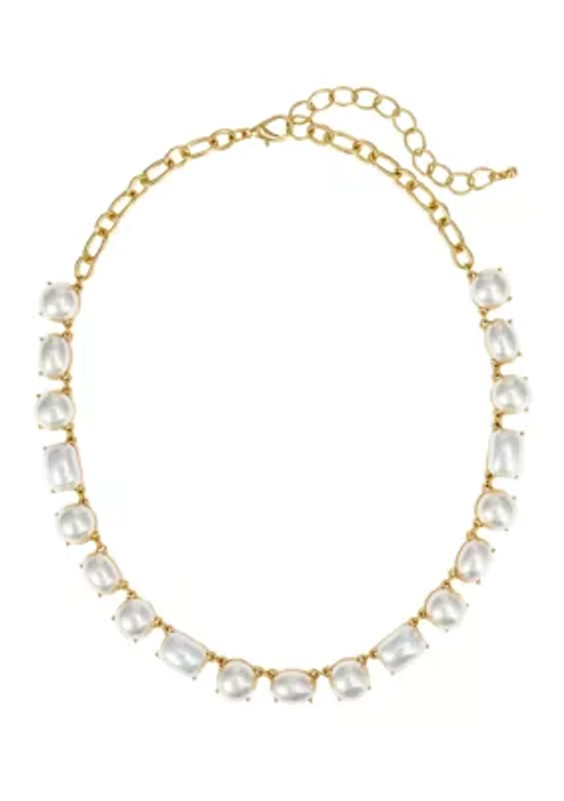 Gold Tone Pearl Cabochon Necklace