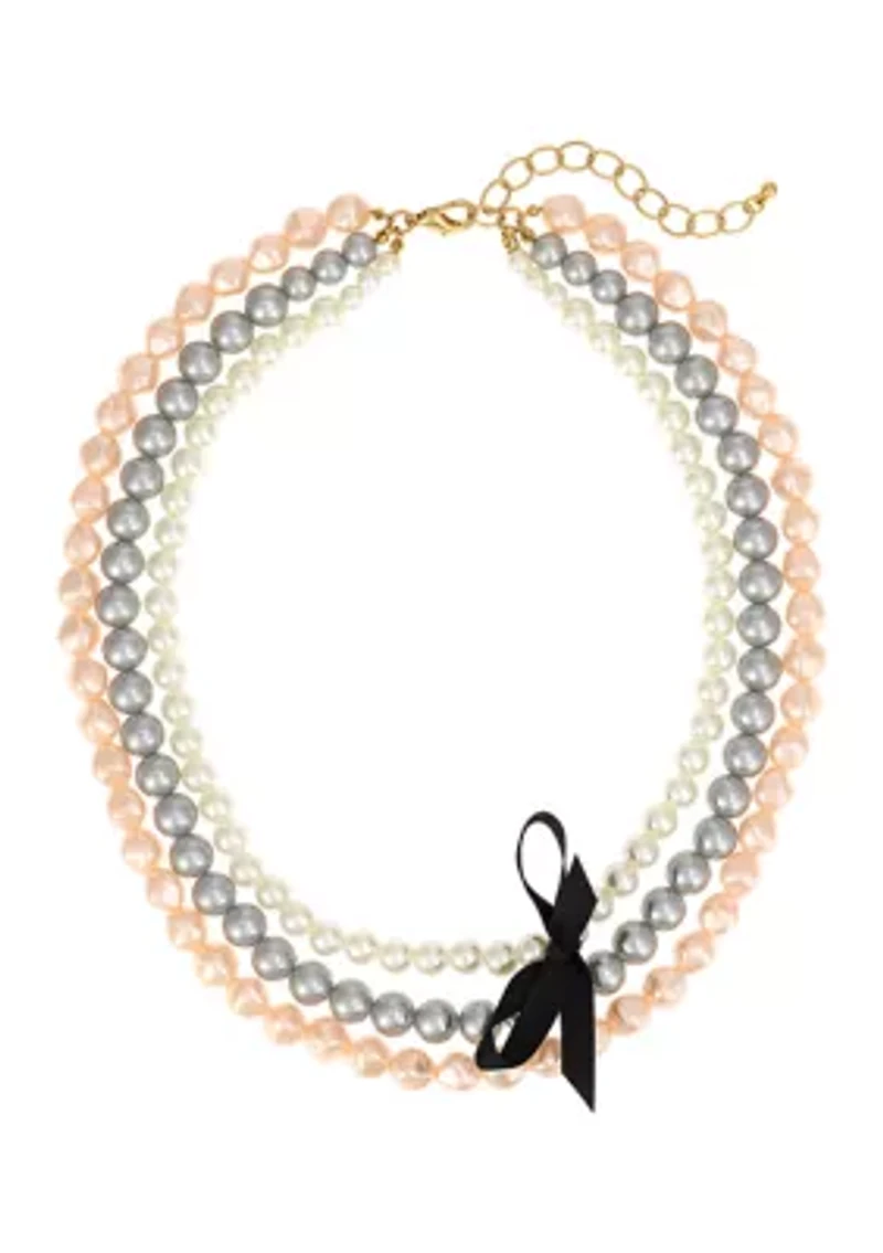 Gold-Tone 3 Row Nested Pink and Gray Pearl Removable Black Ribbon Necklace