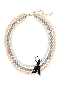 Gold-Tone 3 Row Nested Pink and Gray Pearl Removable Black Ribbon Necklace