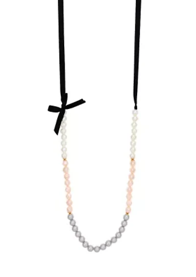 Gold-Tone Long White, Gray, and Pink Pearl Color Block Black Ribbon Bow Necklace 