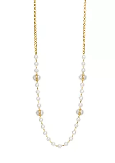 Gold-Tone Long Metal Wrapped Pearl Stations and Chain Back Necklace