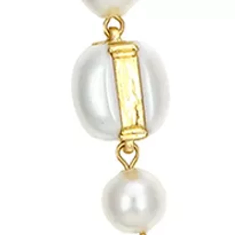 Gold Tone Long Chain Link with Pearl Stations Necklace