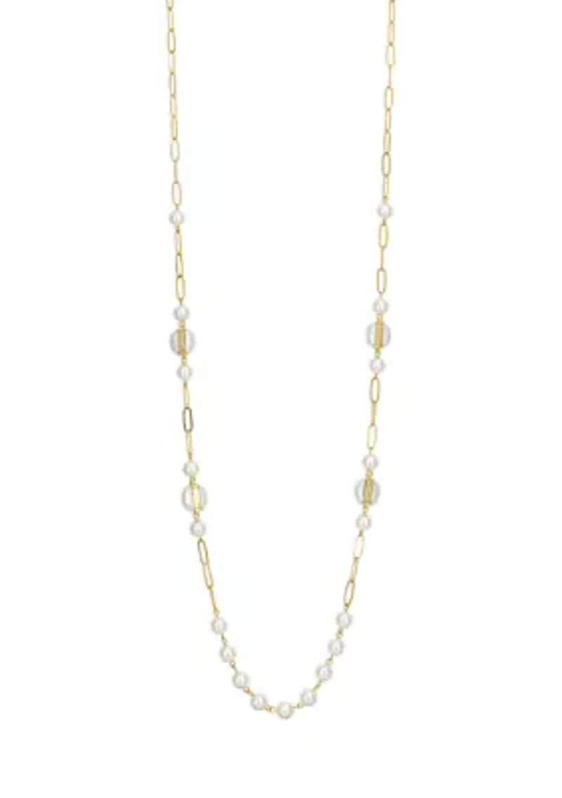 Gold Tone Long Chain Link with Pearl Stations Necklace