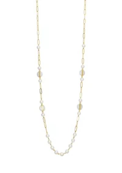 Gold Tone Long Chain Link with Pearl Stations Necklace