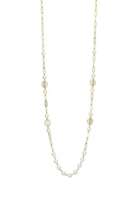 Gold Tone Long Chain Link with Pearl Stations Necklace