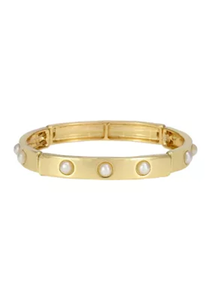 Gold-Tone Thin Stretch Bangle Pearl Stud Accents Bracelet