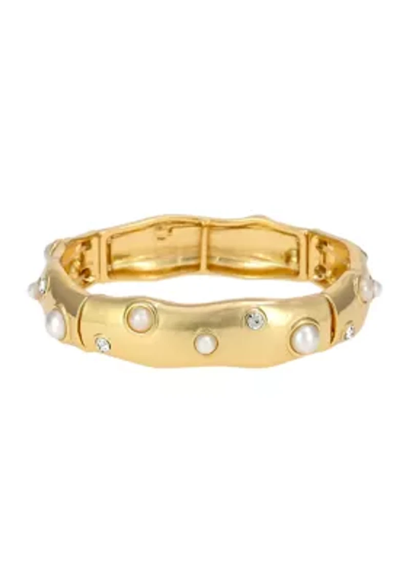 Gold Tone Medium Stretch with Pearl Accents Bangle Bracelet