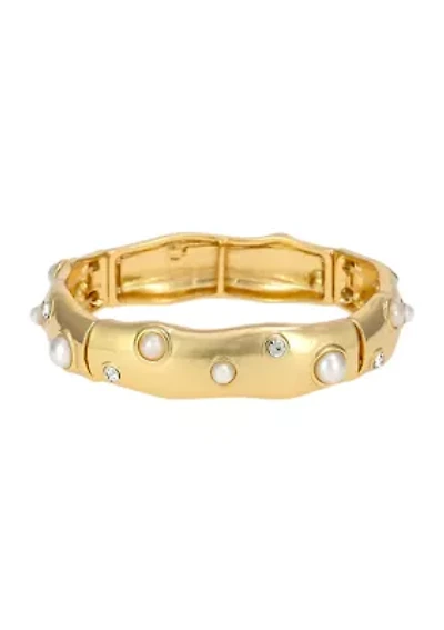 Gold Tone Medium Stretch with Pearl Accents Bangle Bracelet