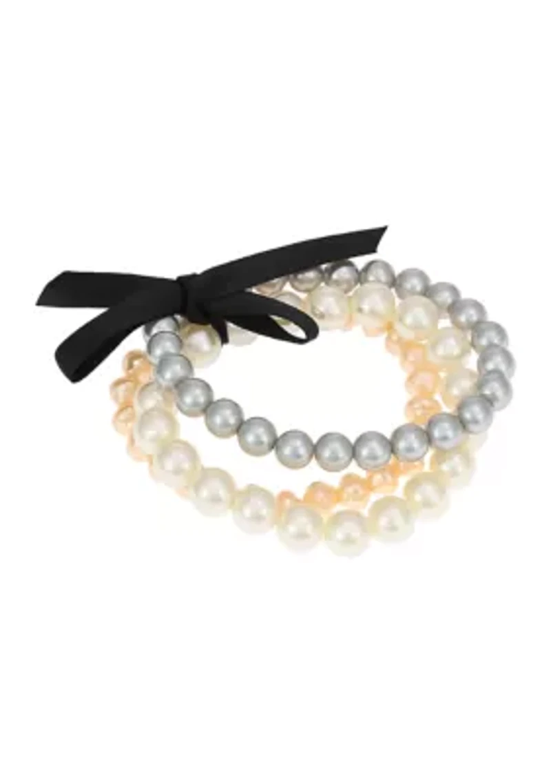 Gold Tone 3 Row Multicolored Pearl Stretch Bracelet