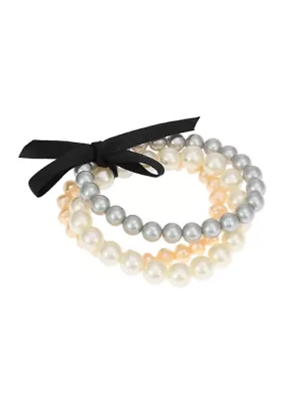 Gold Tone 3 Row Multicolored Pearl Stretch Bracelet