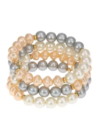 Gold Tone 3 Row Color Block White, Pink and Gray Pearl Wrap Coil Bracelet