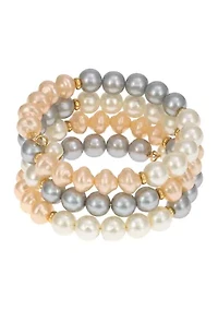 Gold Tone 3 Row Color Block White, Pink and Gray Pearl Wrap Coil Bracelet