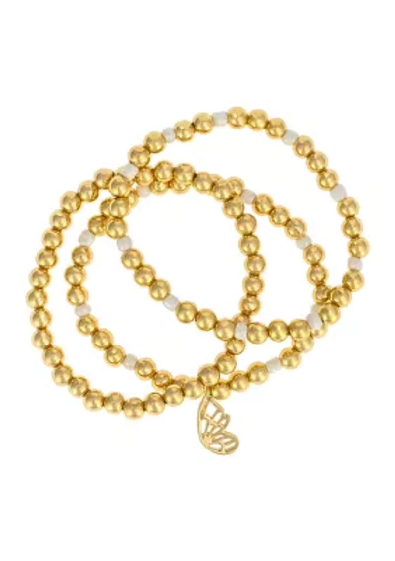 Gold Tone Beaded Butterfly Charm Bracelet - Set of 3