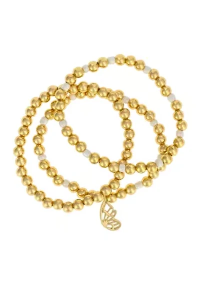 Gold Tone Beaded Butterfly Charm Bracelet - Set of 3