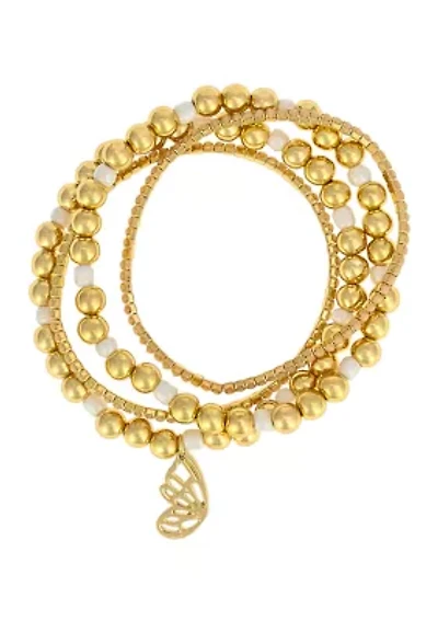 Gold Tone Beaded Stone Butterfly Charm Bracelet Set