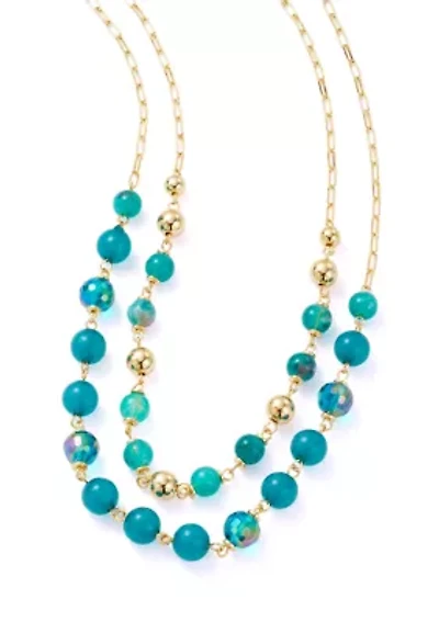 Women's Gold Tone Teal 2 Row Beaded Necklace
