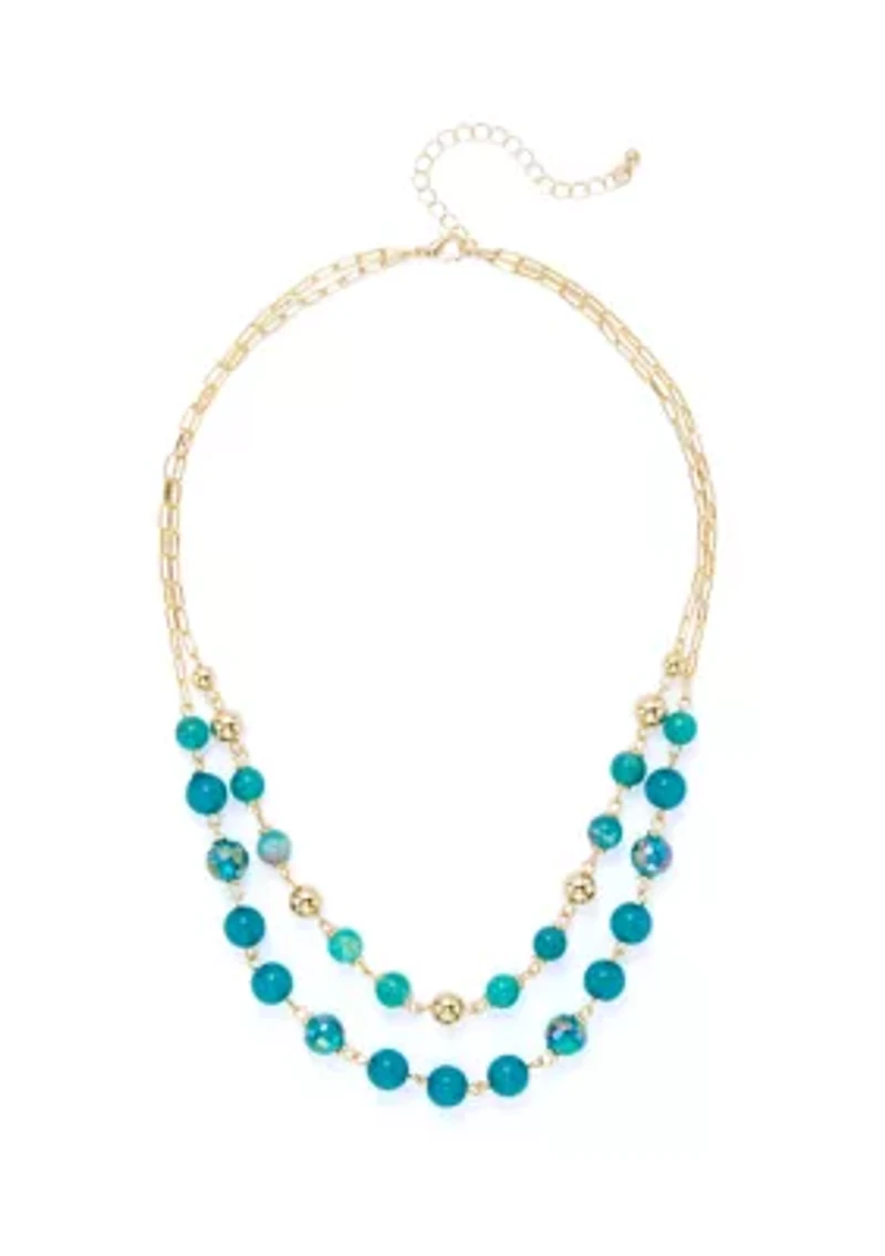 Women's Gold Tone Teal 2 Row Beaded Necklace