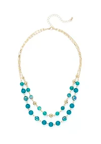 Women's Gold Tone Teal 2 Row Beaded Necklace