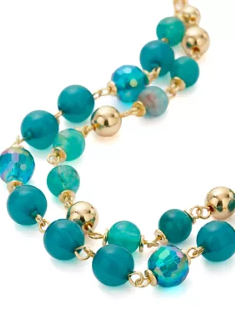 Women's Gold Tone Teal 2 Row Beaded Necklace