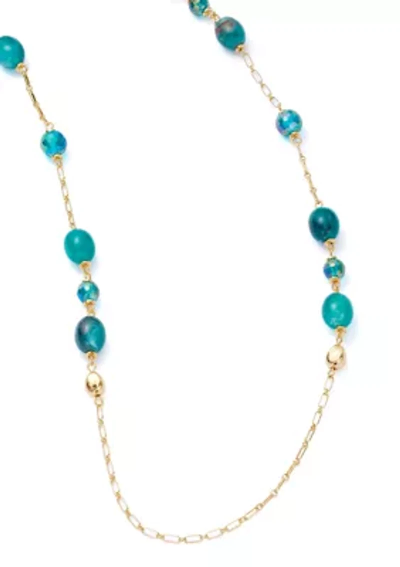 Women's Gold Tone Teal Long Bead Necklace